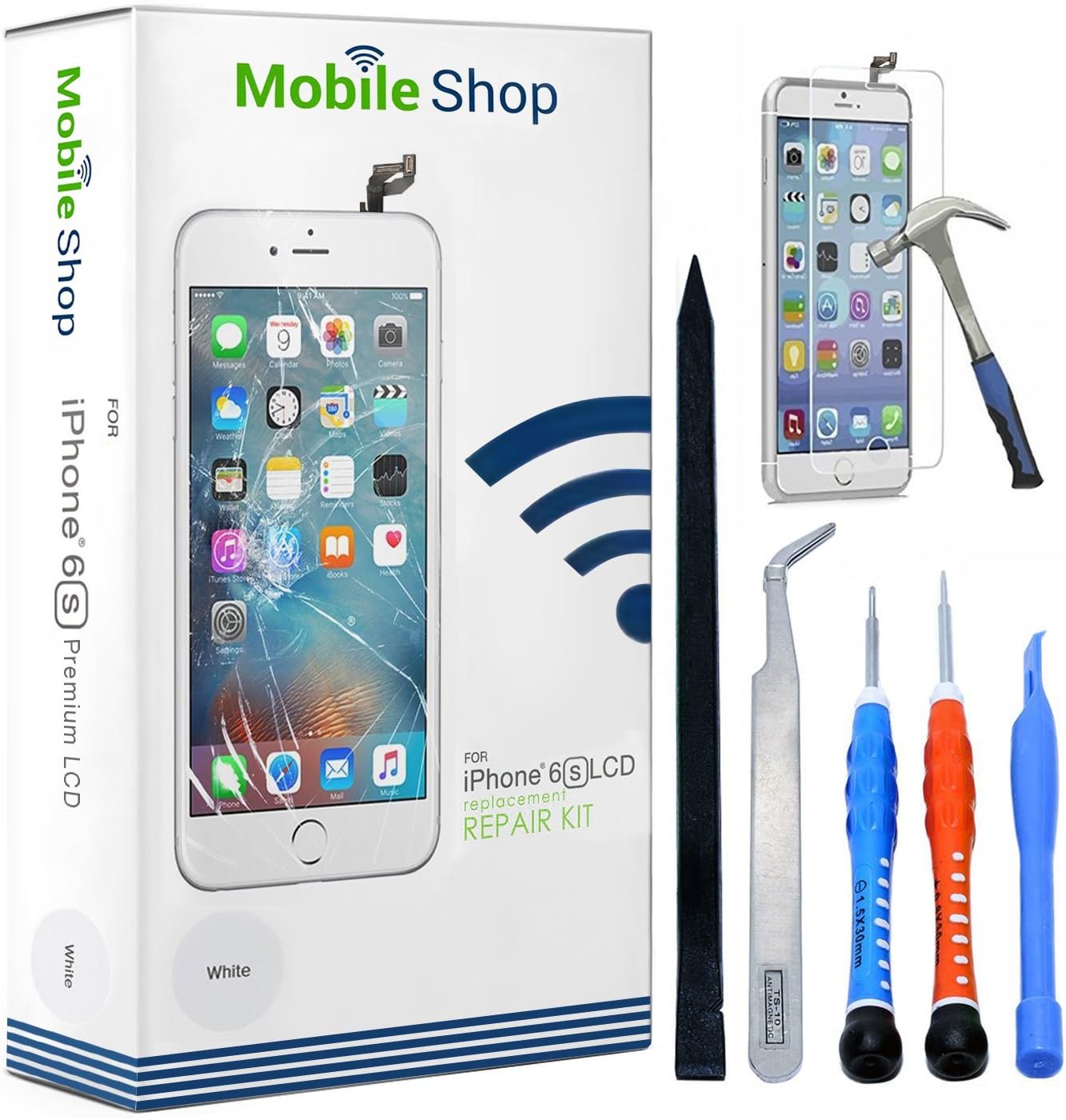 iPhone 6S Premium LCD Screen Replacement Kit in White with Complimentary Tools and Glass Screen Protector. (Pre-Installed Ear Mesh, Camera Holder, and Proximity Sensor)