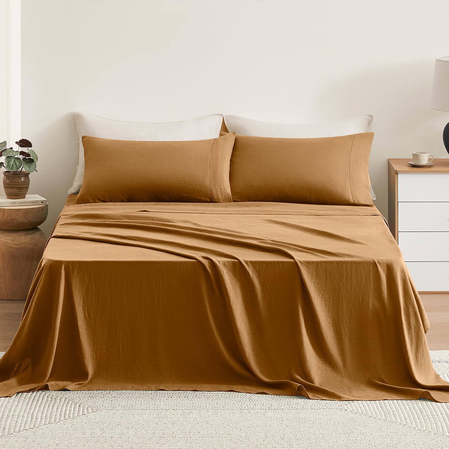 Photo 1 of TOSMO Pure Linen Sheets Set, 100% French Natural Linen Flax Bedding 4pc Set (King, 1 Flat Sheet, 1 Fitted Sheet, 2 Pillowcases) - Butternut