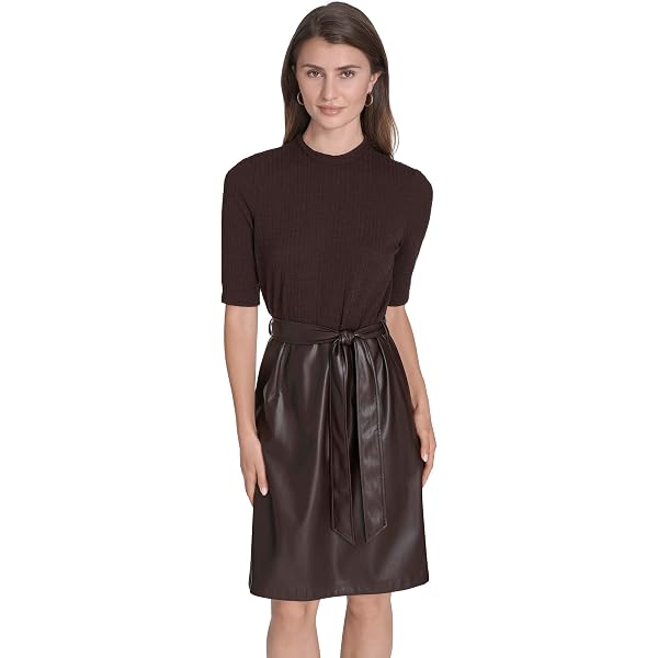 Anne Klein Combo Vegan Leather MIDI Dress at Amazon Women's Clothing store