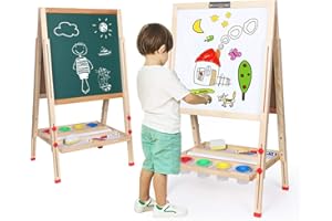 WV WONDER VIEW Kids Art Easel,Whiteboard and Chalkboard Easel for Kids, 0.8 Inch Thick Wood Frame and Adjustable Height, All Accessories Include