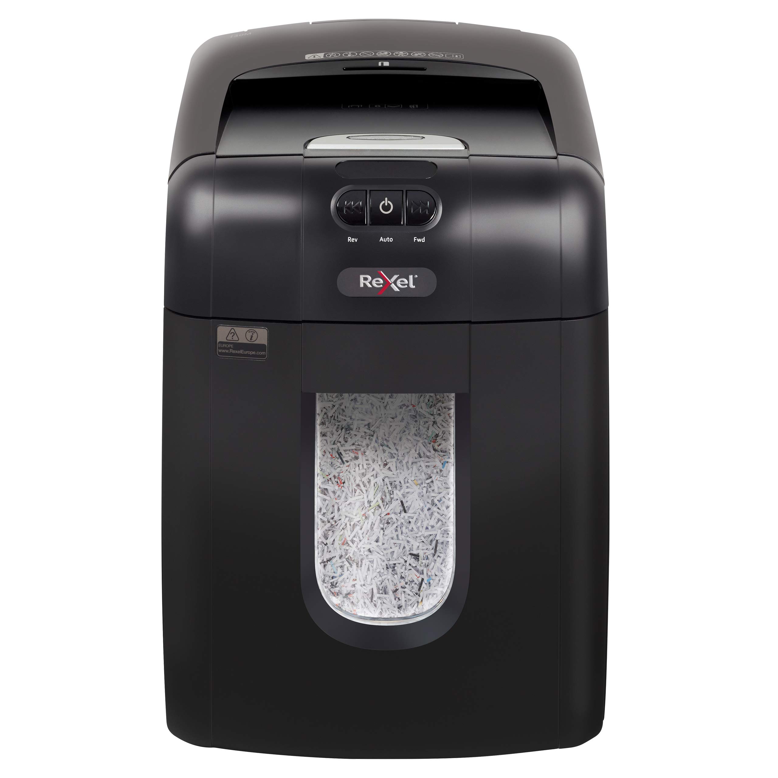Rexel Auto+ 130M 2104100A Auto Feed 130 Sheet Micro Cut Shredder for Personal or Executive Use (Up to 2 Users), 26 Litre Removable Bin, Includes Shredder Oil Sheets, Black