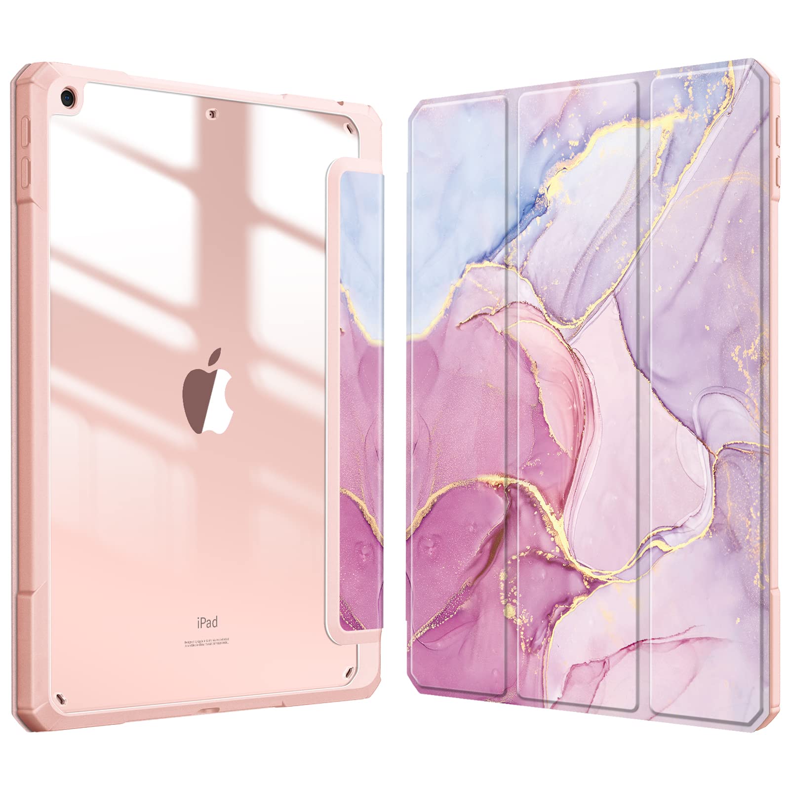 FINTIE Hybrid Case Compatible with iPad 9th / 8th / 7th Generation (2021/2020/2019) 10.2 inch - Shockproof Cover with Clear Back Shell w/Pencil Holder, Auto Wake/Sleep, Glittering Marble
