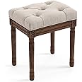 LUE BONA Upholstered Fabric Vanity Bench Seat, Makeup Stools for Vanity, Square Tufted Ottoman Bench with Carved Dark Brown Legs for Bedroom Living Room, Linen Color