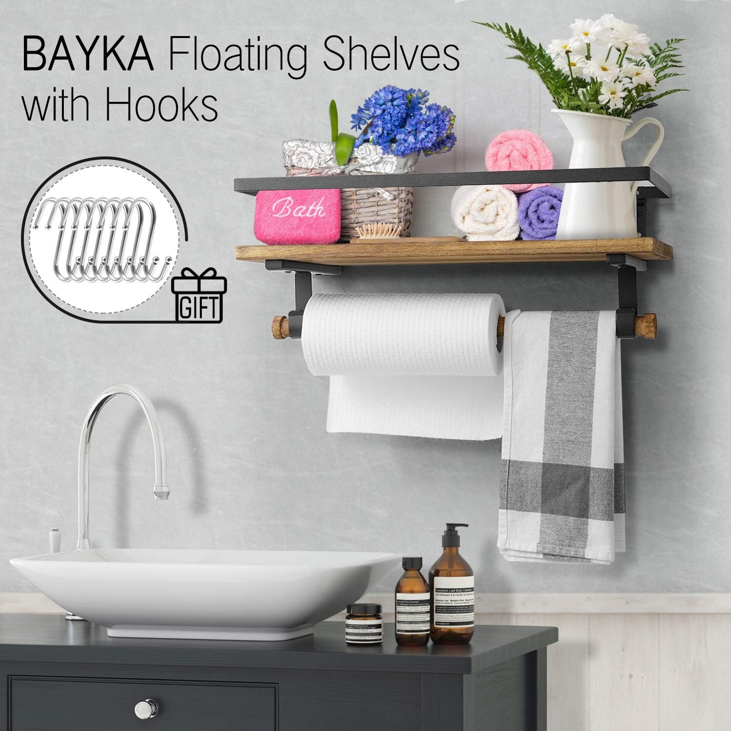BAYKA Floating Shelf Wall Mounted, Rustic Wood Shelf for Bathroom Kitchen, Decor Storage Shelf with 8 Removable Hooks and Towel Bar: Kitchen & Dining