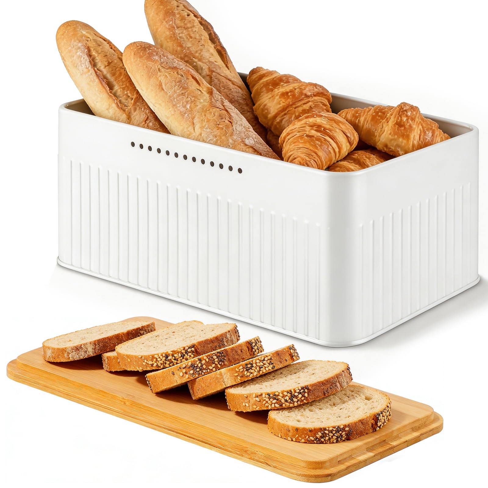 Hossejoy Metal Bread Box with Bamboo Cutting Board Lid, Bread Storage Container for Kitchen Countertop, Modern Bread Bin Holder Breadbox, Kitchen Decor Organizer (White)