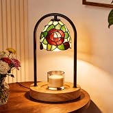 GlitzLamp Rose Candle Warmer Lamp, Tiffany Style Flower with 2 Bulbs | GlitzLamp Blossom Rose Candle Warmer Lamp, Tiffany Style Wood Base Stained Glass Flower Wax Melter with Timer, 2 Bulbs