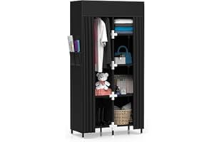 Tidyfy Portable Closet Wardrobe with 6 Storage Shelves and 1 Hanging Rack | Small Closet Clothes Organizer Portable Wardrobe Closet for Hanging Clothes (Black, Small)