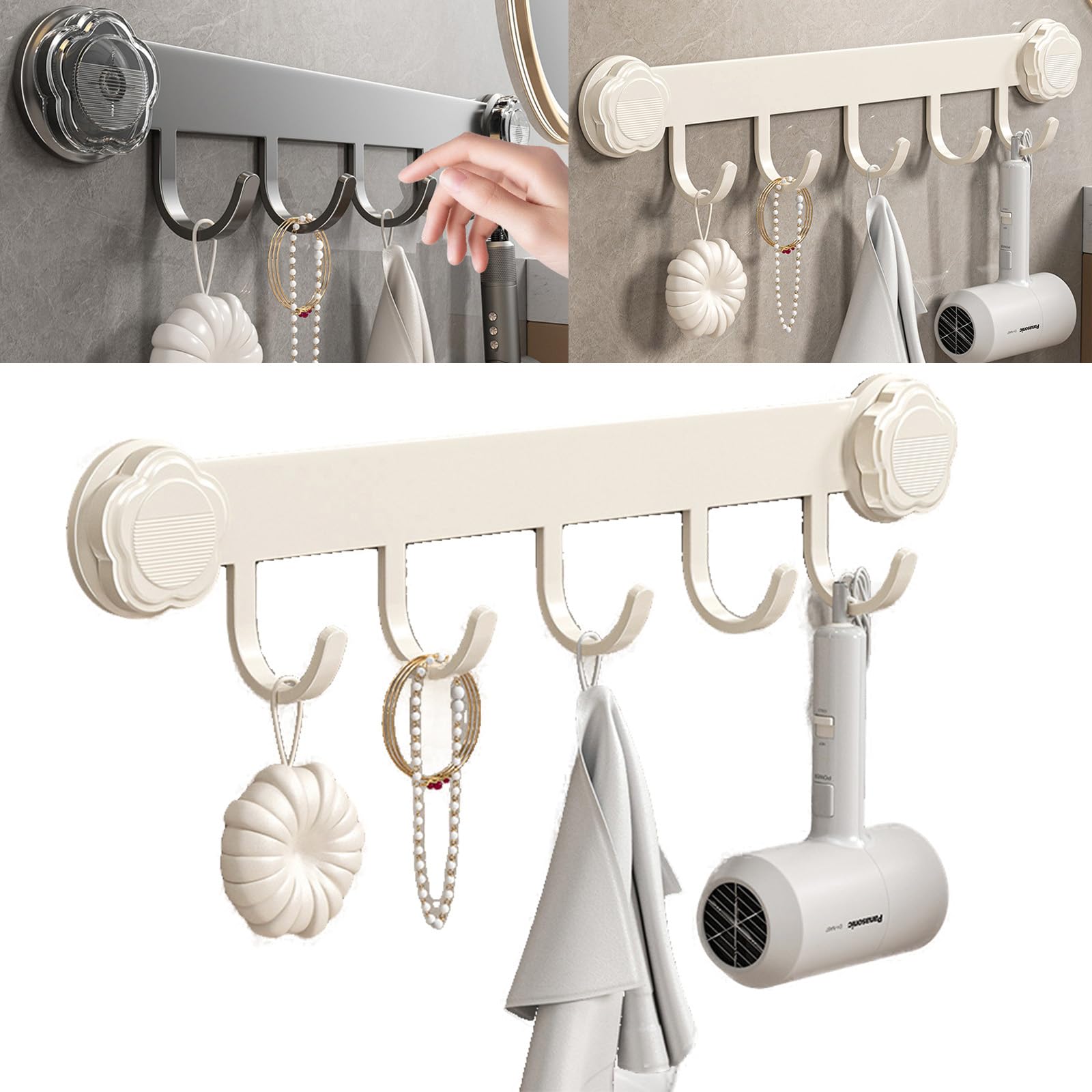 Boxonly 5 Hooks White Suction Cup Shower Hooks, Heavy Duty Damage-Free Hangers for Shower Wall, Powerful Vacuum Suction Towel Hook, Easy Install & Remove, Dimensions: 15"x3" / 38x8 cm