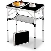 YUFIFAIRY Outdoor Side Table, 3 Height Adjustable Foldable Patio Side Table | Extra Mesh Storage Net &amp; S Hooks, Small Lightweight Aluminum End Table for Porch, Garden, Balcony &amp; Indoor Use, Black