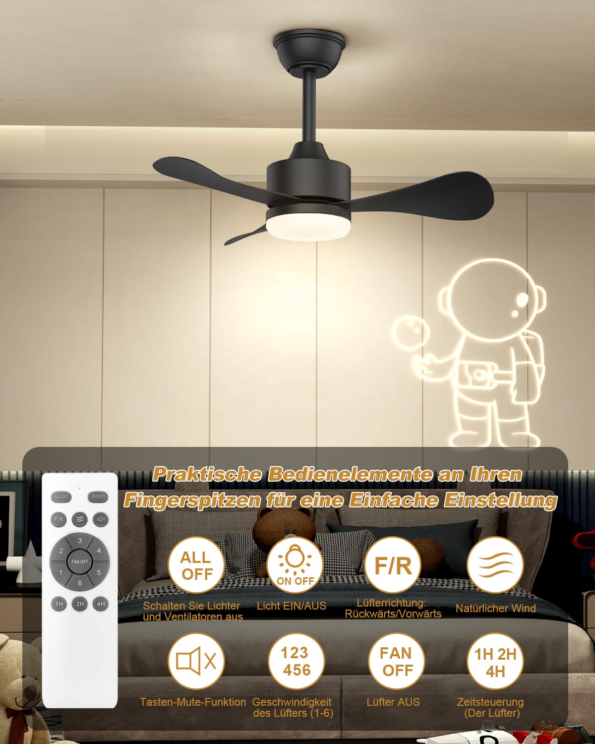 Airwit 71cm Deckenventilator mit Beleuchtung und Fernbedienung, Ø71cm Leise Deckenventilator mit Licht, Klein Lampe mit Ventilator für Schlafzimmer, Wohnzimmer, Kinderzimmer, Umkehrbaren DC Motor