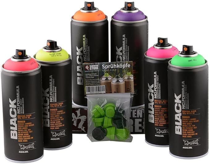 Sprühdosen Montana fluoreszierende Neon Farben 6x400ml inkl. Designer Ersatzsprühköpfe