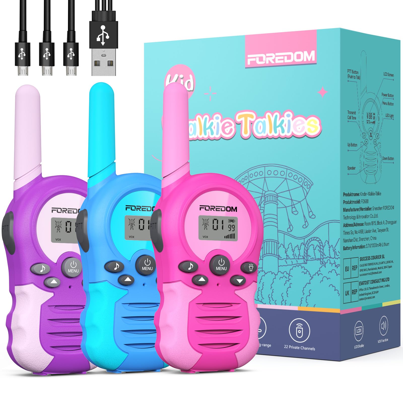 FOREDOM Rechargeable Walkie Talkies for Kids Walkie Talkies Long Range for Boy & Girl Age 3 to 12 Year Old Birthday Toys - 3 Pack