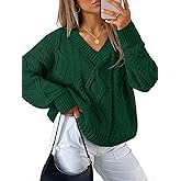ZESICA Women's Spring Oversized Sweaters 2026 Casual Long Sleeve V Neck Cable Knit Trendy Pullover Tops