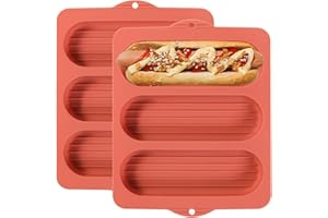 Silicone Hot Dog Bun Pans for Baking, 3-Cavity Nonstick French Baguette Bread Molds, Terracotta Orange, Set of 2