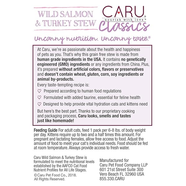 CARU – WILD SALMON & TURKEY STEW FOR CATS, NATURAL CAT FOOD WITH ADDED VITAMINS, NON-GMO INGREDIENTS, COMPLETE AND BALANCED FOR ALL STAGES OF LIFE (6 OZ)