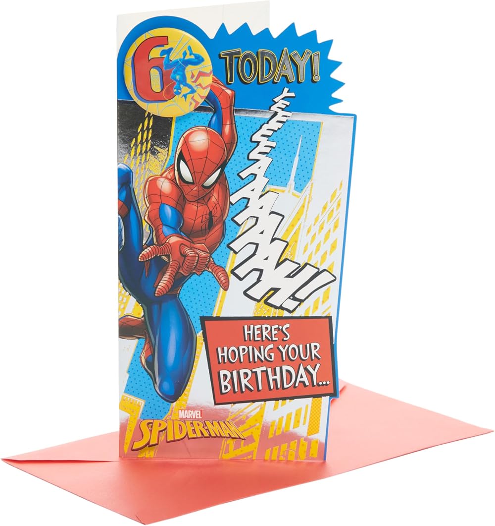 UK Greetings Marvel 6th Birthday Card Boy Spider-Man Badge Design 121x229mm FSC