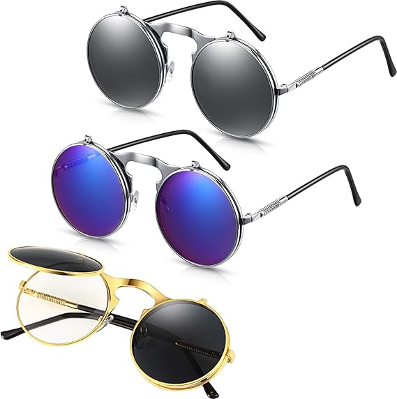 Amazon Co Jp 3ペア ヴィンテージ ラウンドフリップアップ サングラス 90年代 スチームパンクスタイル メンズ レディース 服 ファッション小物
