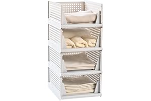 Uni HIMO 4 Pack Stackable Plastic Storage Basket-Foldable Closet Organizers Drawer Shelf Container for Bathroom Kitchen Laundry Room Wardrobe Storage, Space-Saving Clothes Storage (White, 4 Pack L)
