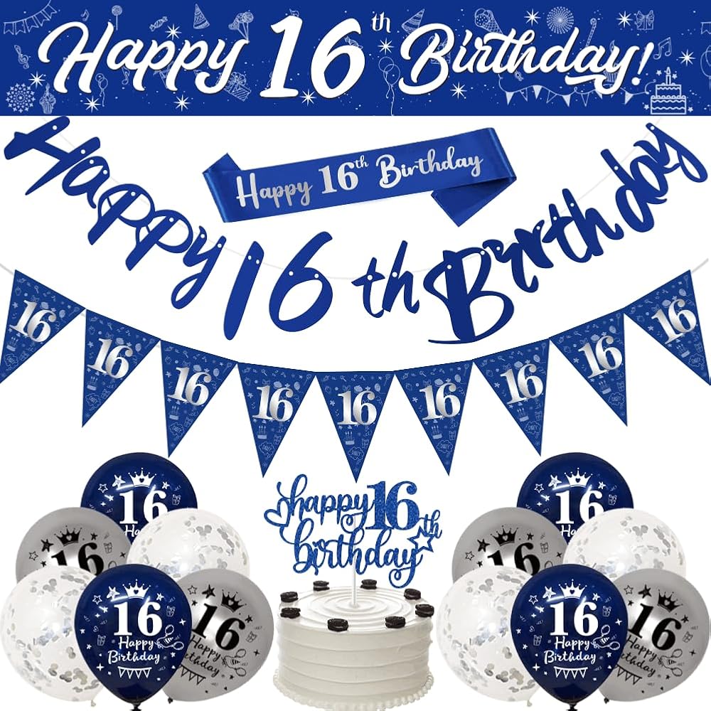 Yontree 16th Birthday Decorations Navy Blue Silver 9ft Banner Sash Cake Topper