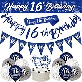 Yontree 16th Birthday Decorations Navy Blue Silver 9ft Banner Sash Cake Topper