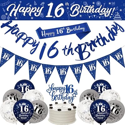 Yontree 16th Birthday Decorations Navy Blue Silver 9ft Banner Sash Cake Topper