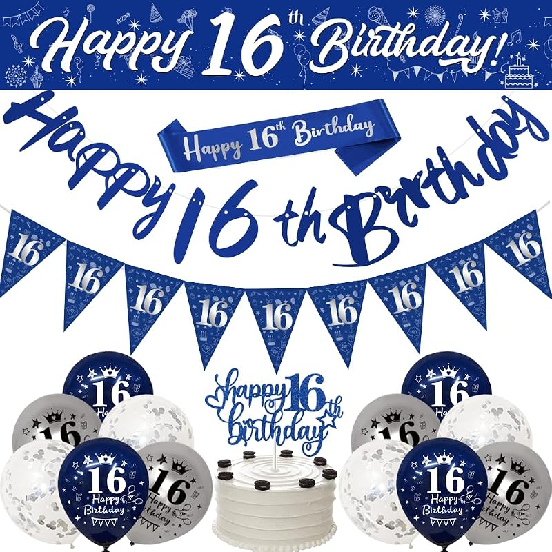Yontree 16th Birthday Decorations Navy Blue Silver 9ft Banner Sash Cake Topper