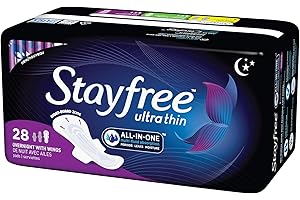 Stayfree Ultra Thin Overnight Pads with Wings, For Women, Reliable Protection and Absorbency of Feminine Moisture, Leaks and Periods, 28 Count