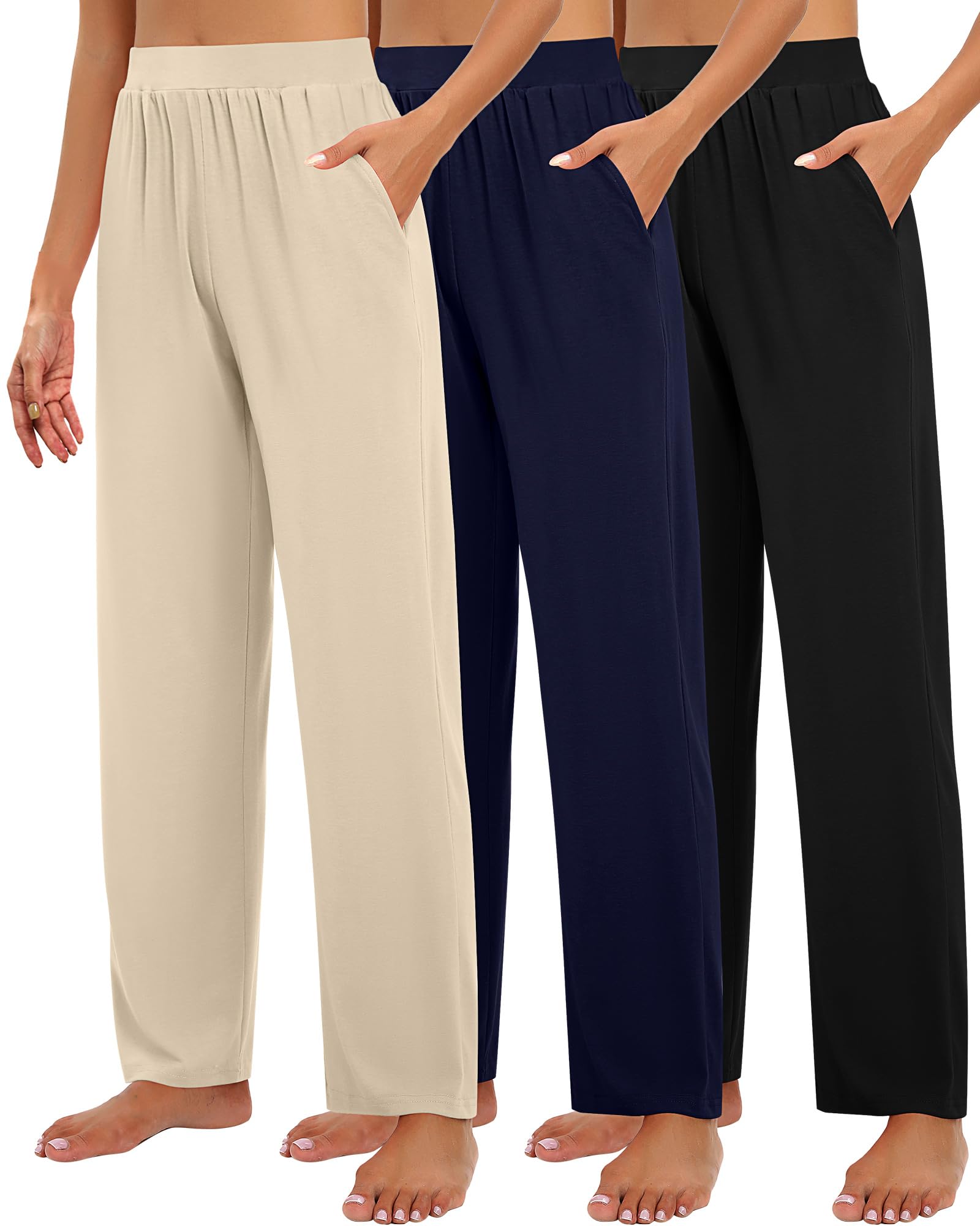 Huukeay 3 Pack Womens Lounge Pants, Cozy Wide Leg Lounge Slacks With Pockets Loose Flowy Yoga Sweatpant Workout Comfy Jogger Light Gray Khaki Denim Blue Xx Large - View #7