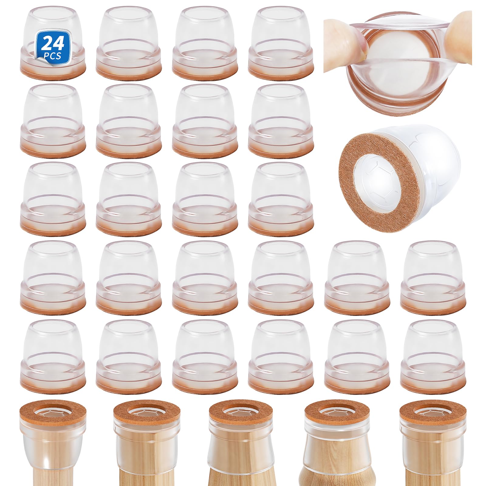 Ezprotekt Chair Leg Covers, 24 PCS 1.25" Transparent Silicone Chair Leg Floor Protectors with Wrapped Felt, Rubber Chair Leg Caps, Furniture Feet Protectors Pads, No Noise No Scratches