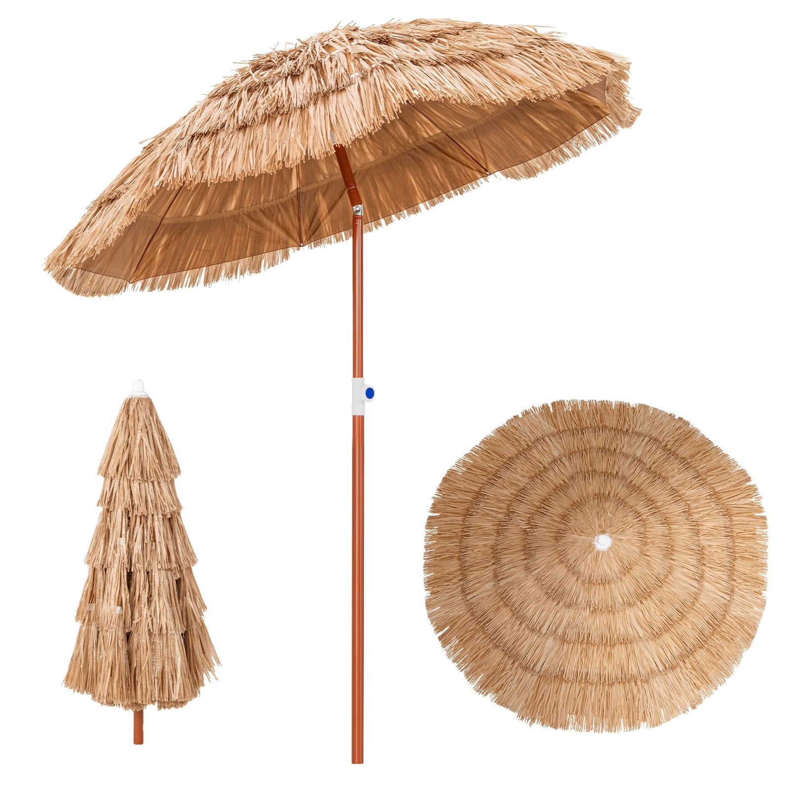 GOPLUS Sonnenschirm Hawaii, Ø 155 cm Sonnenschirm Stroh von 140-190 cm Höhenverstellbar, Strohschirm um 40° knickbar, Hawaii Schirm mit Tragetasche, Strandschirm für Strand, Balkon & Garten