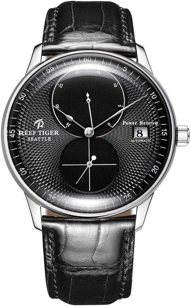 Reef Tiger RGA82B0 Men Leather Band Business Ultra Thin Dual Windows Dial Automatic Self-Wind Mechanical Wrist Watch - Leather Band