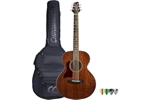 Sawtooth Mahogany Series Left-Handed Solid Mahogany Top Acoustic-Electric Mini Jumbo Guitar with Padded Gig Bag and Pick Sampler