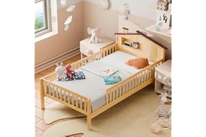 Sweetcrispy Twin Size Kids Bed with Storage - Solid Wood House Headboard & Safety Guardrails, Space-Saving Bed Frame, No Box Spring, Natural Brown
