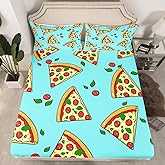 Kids Cartoon Pizza Bed Sheet Set Teens Modern Boho Fitted Sheet for Kids Adult Soft Green Yellow Pizza Bed Sheet Set Bed Cover Room Decor Twin Size