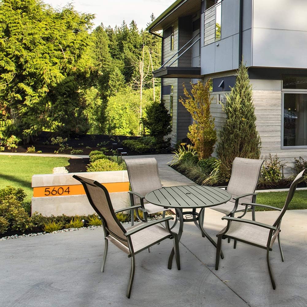 Steel Tube 38 Round Dining Table And Patio Chairs With 1 5 Umbrella Hole Fit Right 5 Pieces Outdoor Dining Set Patio Furniture With Metal Slat Finish Dining Sets