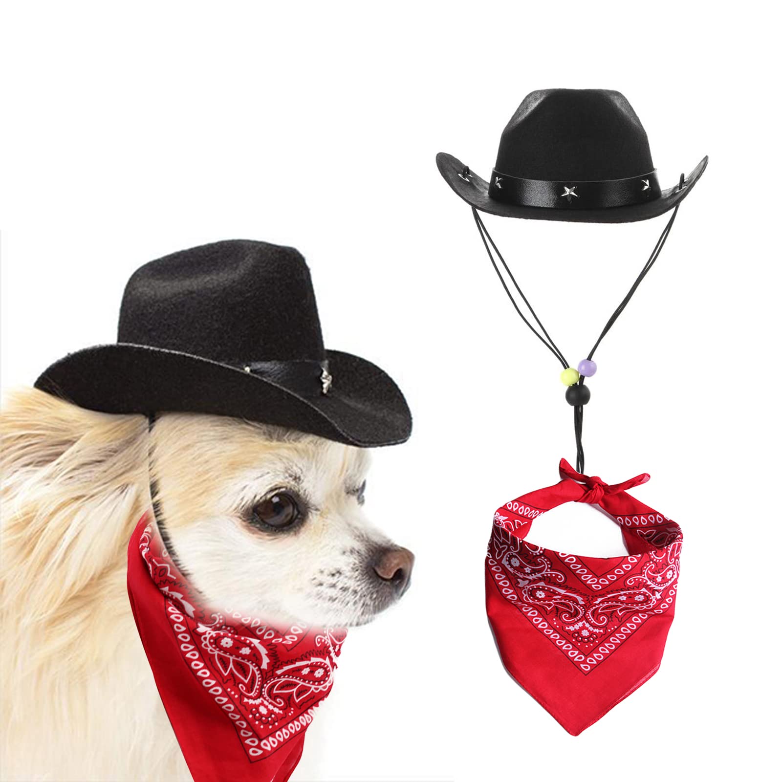 AWOCAN Dog and Cat Cowboy Hat and Bandana Scarf Sombrero Puppy Pet Costume Cosplay Cap - Black