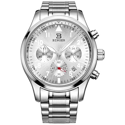 Binger Mens Watches Chronograph Quartz Wristwatch Arabic Numbers with Date Analog Display and Stainless Steel Band and�