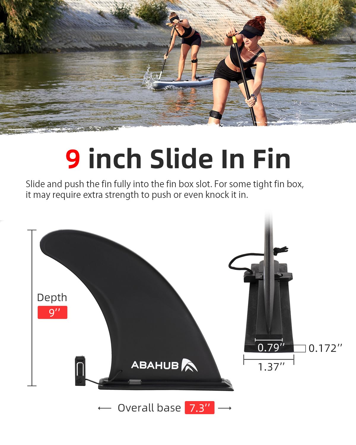Abahub 9/10'' SUP Single Center Fin with 1 No-Tool Fin Screw, Fiberglass Reinforeced 9/10 inch SUP Replacement Fins for Surfing, Surfboard, Stand-up Paddle Board, Longboard, Black/Blue/White