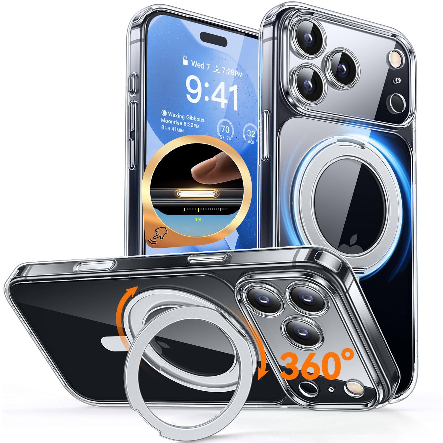 Photo 1 of **RING DAMAGED** CANSHN 360° Spin Magnetic Stand for iPhone 17 Pro Case Clear with Camera Control [Full Camera Protection] [Compatible with Magsafe] Non-Yellowing Shockproof Protective Phone Cover 6.3" - Clear