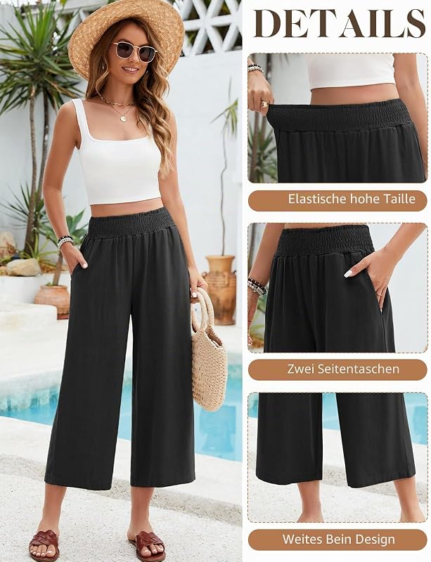 Damen Leinenhose Sommer 3/4 Culotte Hose Leichte Weite Casual Baumwolle Freizeithose Elegant Sommerhose Elastische Taille Stoffhose Loose Fit Strandhose mit Taschen (Schwarz, S)