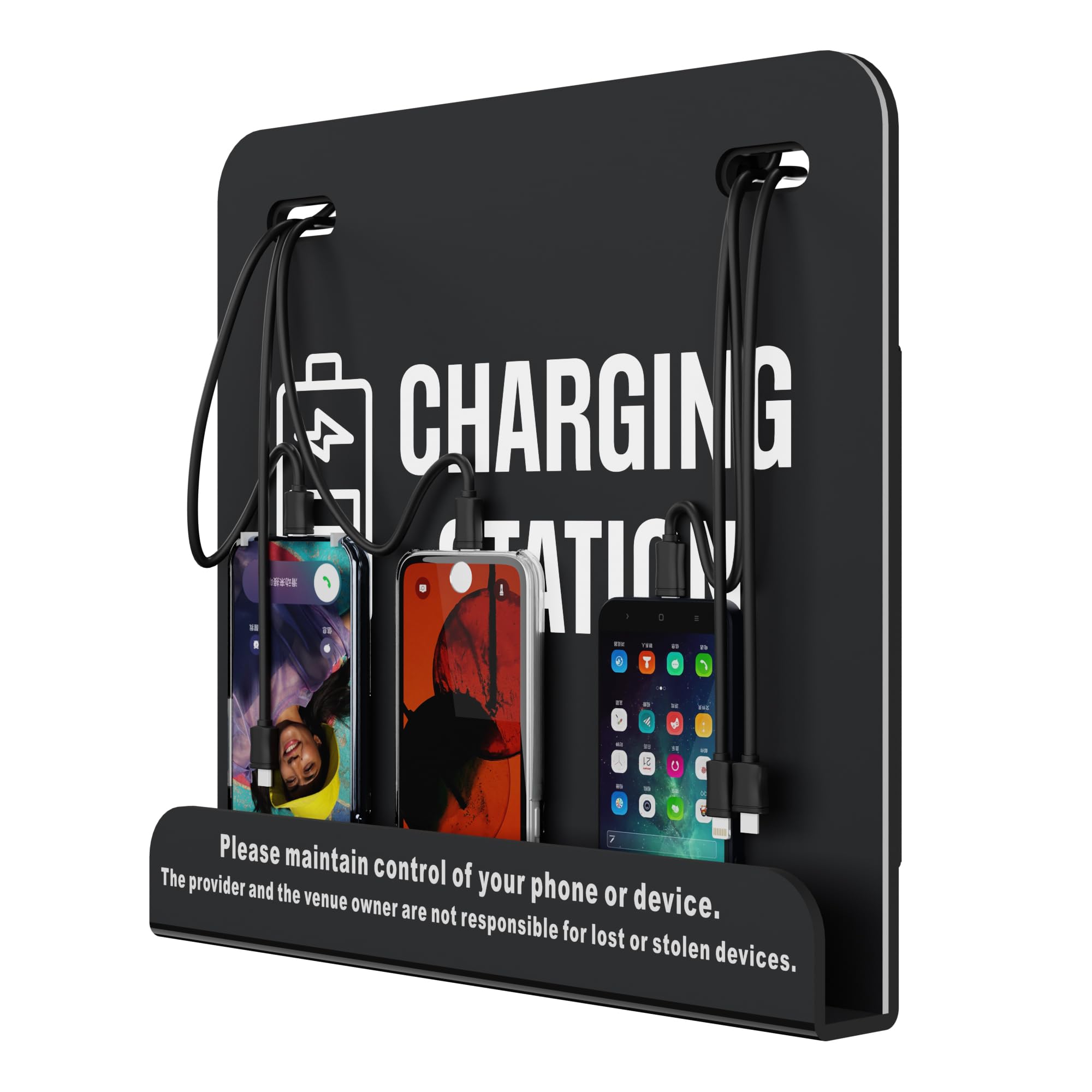 Photo 1 of 6-Port Mini Wall-Mounted Cell Phone Charging Station Compatible with 3 Type-C, 2 Apple, 1 Micro USB, Ideal for Hospital, City Hall, Shelter, Bank, Hotel, Gym, Airport, Stadium, Park, Library (Black)