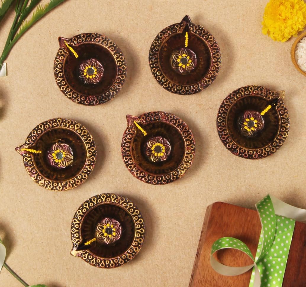 Oil Lamps & Accessories - Handmade Terracoaat Set of 6 Oxidized Clay Diya for Diwali/Navratri Decorations Oil Lamp Diwali Clay Diya Tea Light Holder Indian Decor Festival Gifts Puja Items