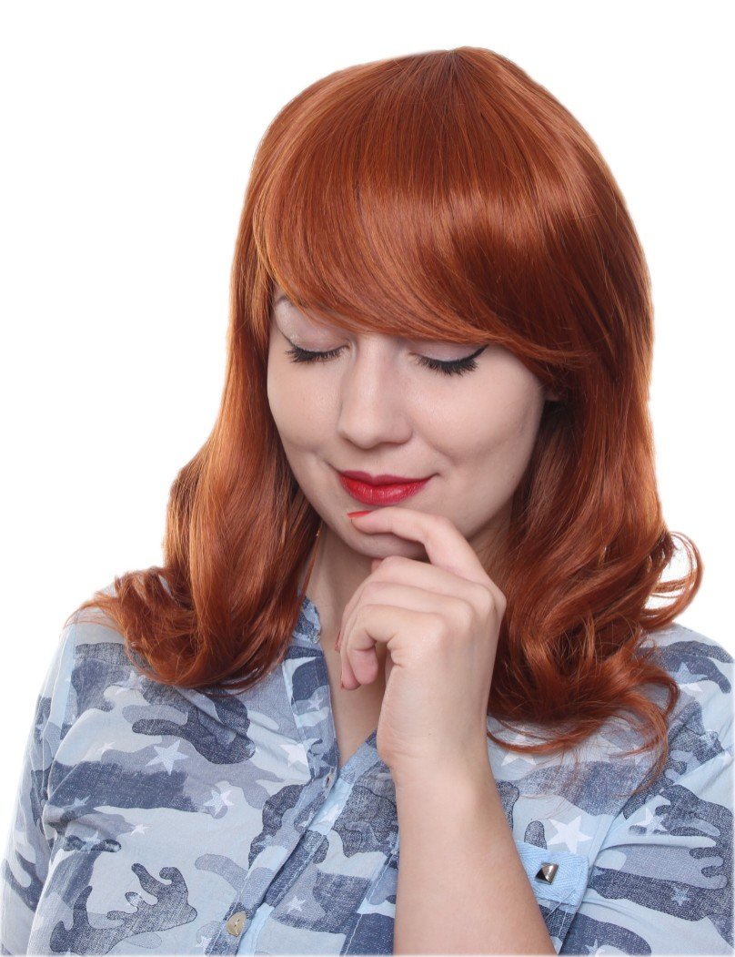 Prettyland C1429 - Medium Length Long Wig Slightly Wavy Curly Natural Hair with Bangs for Daily - Orange โ image 1