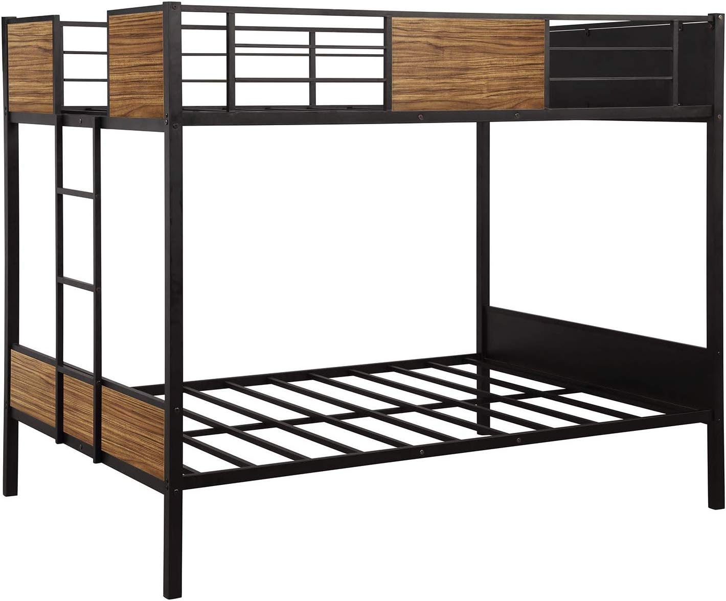 MOOSENG Modern Style Steel Frame Bed with Safety Rail, Built-in Ladder for Bedroom, Dorm, Boys, Girls, Adults Bunk, Black