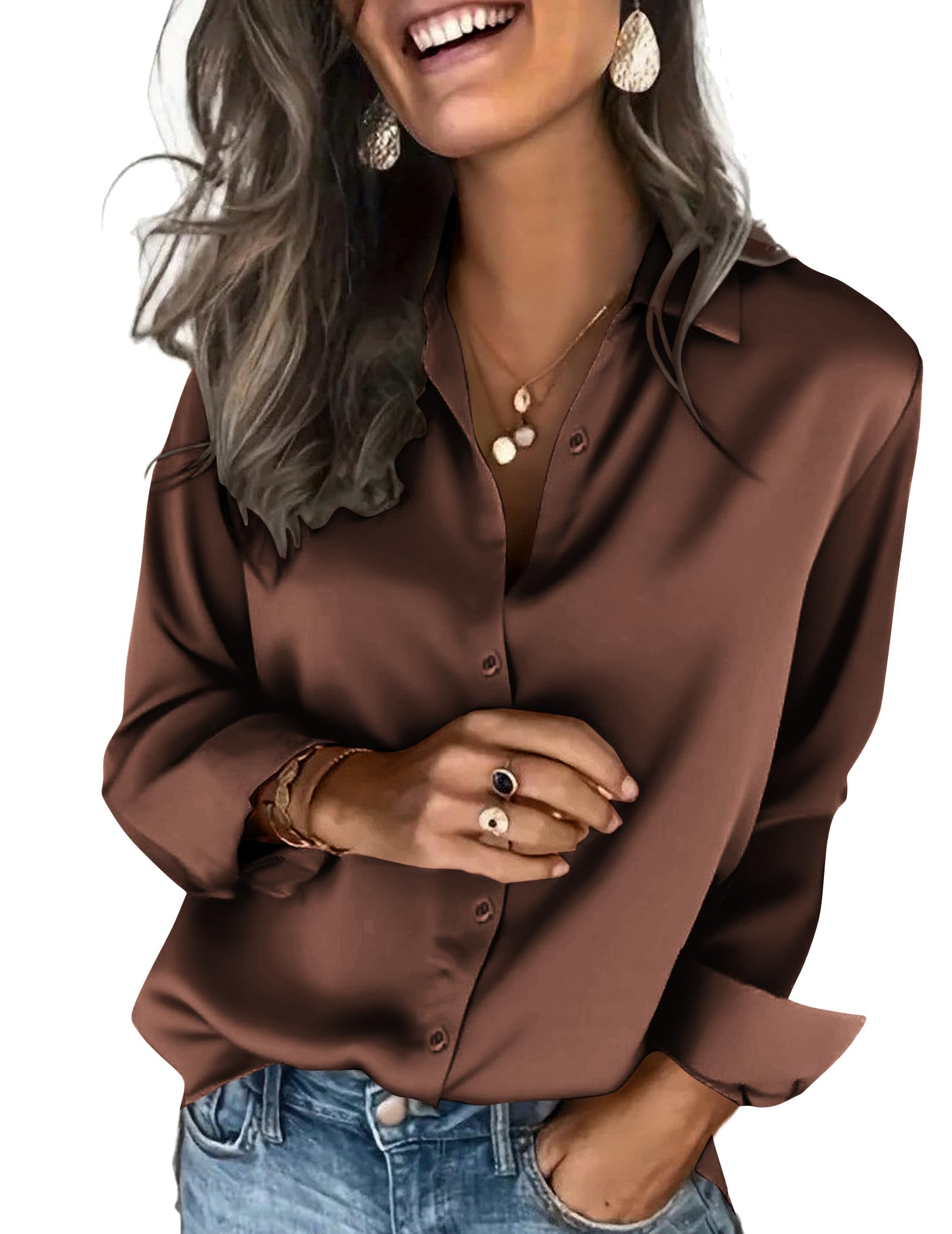 Photo 1 of Zeagoo Satin Blouses for Women Silk Button Down Shirts Long Sleeve Business Casual Tops Brown