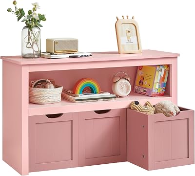 VASAGLE Toy Storage Unit Candy Pink 3 Drawers Wardrobe with Wheels 60 cm