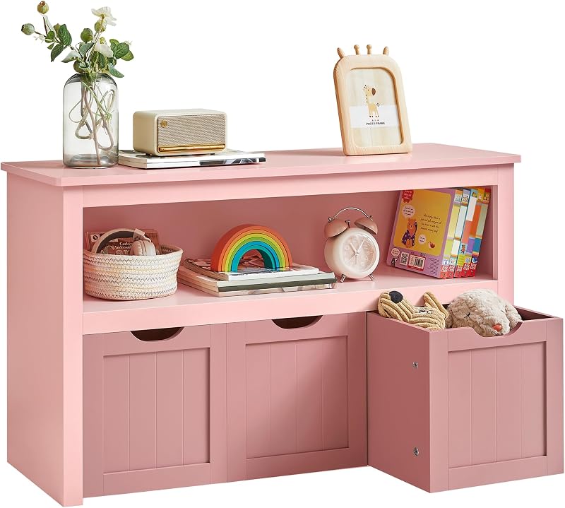 VASAGLE Toy Storage Unit Candy Pink 3 Drawers Wardrobe with Wheels 60 cm