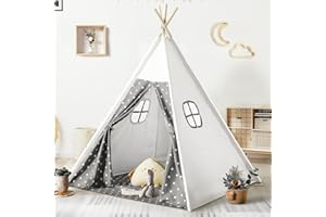 Teepee Tent for Kids with Carry Bag & Floor Base with Grey Stars, Stable Kids Teepee for Indoor and Outdoor, Amazing Toys and