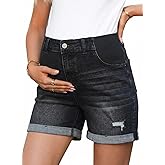 BLENCOT Maternity Jean Shorts for Women Under Belly Pregnancy Trendy Ripped Casual Summer Fold Hem Stretchy Shorts Denim