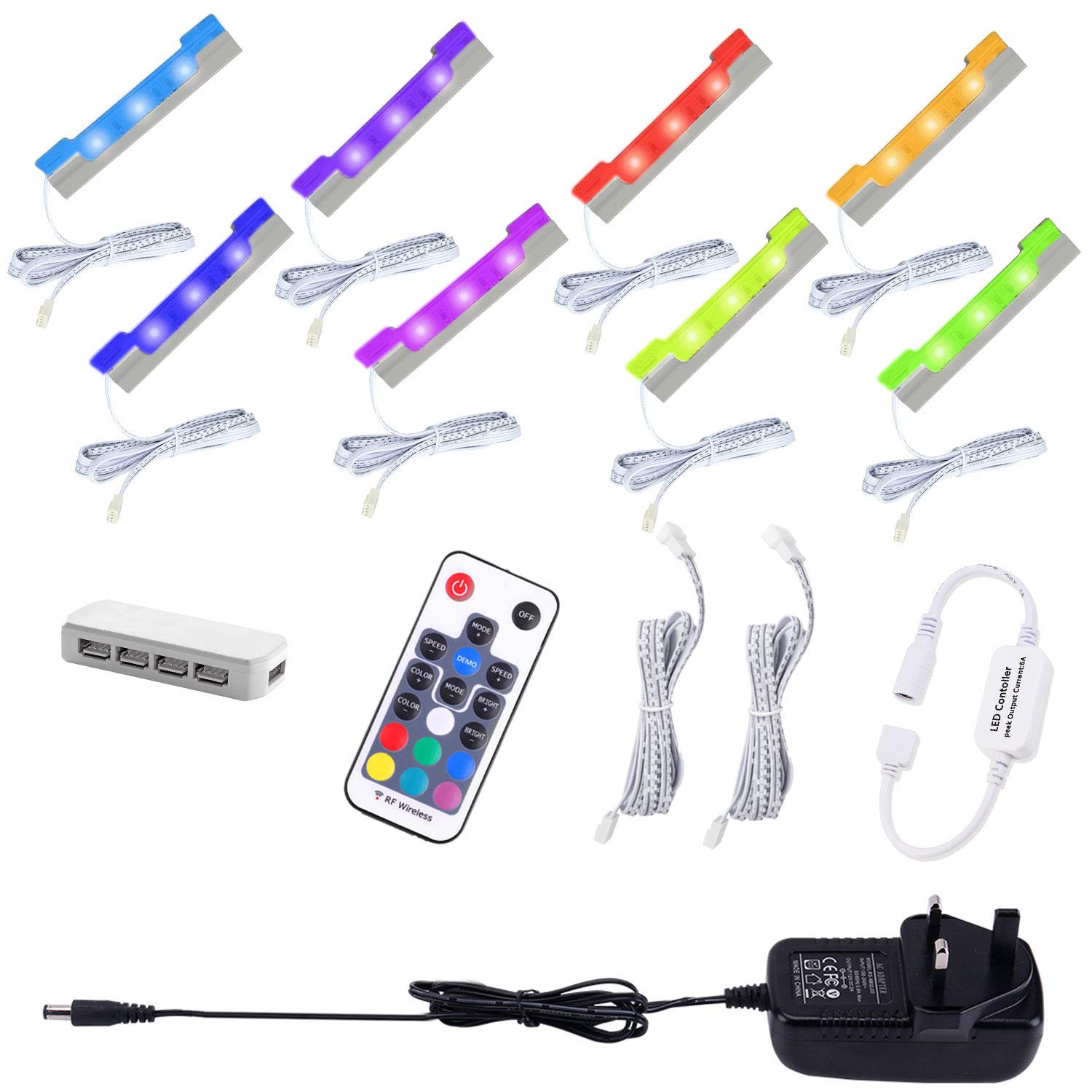 AIBOO LED RGB Under Glass Shelf Cabinet Lighting Kit with RF Remote Control, Dimmable Long Clip on Glass Display Shelf Lights, Ultra Slim LED Strips Lights for Kitchen Counter and Cupboard (8 Pack)